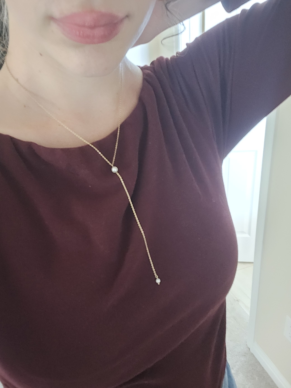 Delicate Gold Lariat Necklace with Pearl Drops - Made By Mary